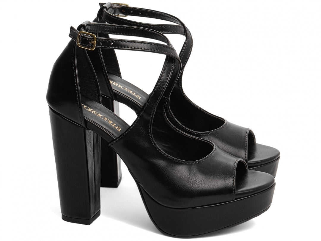 Sandália Feminina Salto Napa Preta com fivela dourada