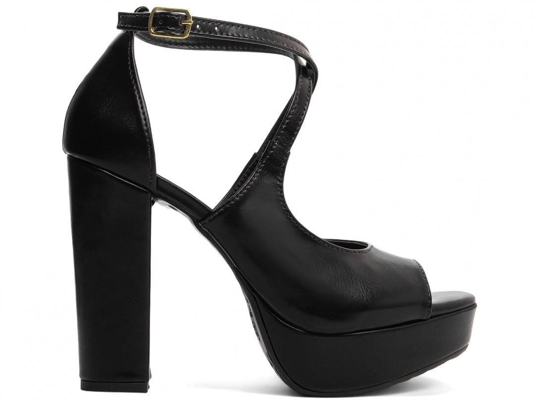 Sandália Feminina Salto Napa Preta com fivela dourada