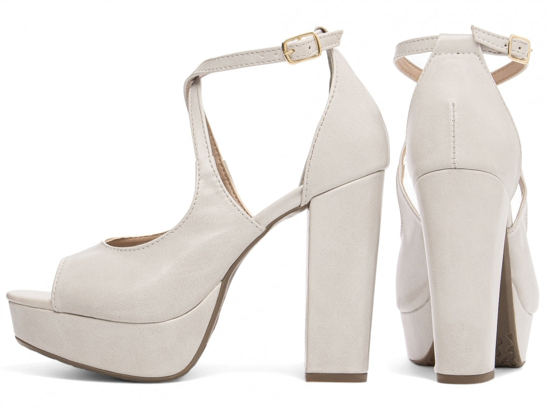 Sandália feminina salto napa off white com fivela dourada