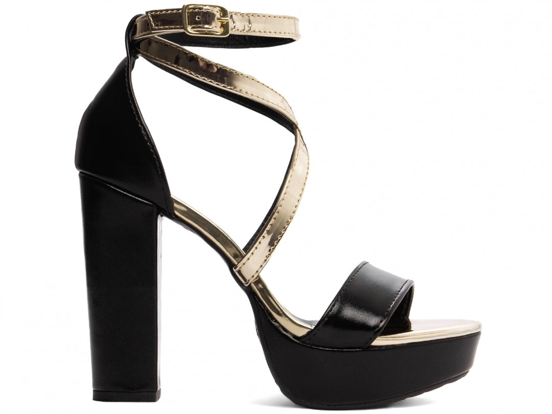 Sandália Feminina Croco Metalizado Preta com Salto Bloco 11cm