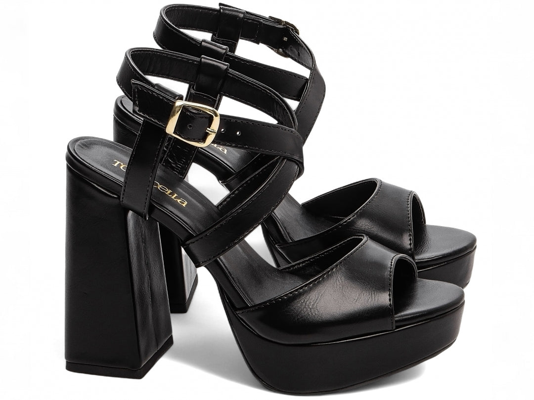 Sandália Feminina Salto Bloco 11cm Napa Preta