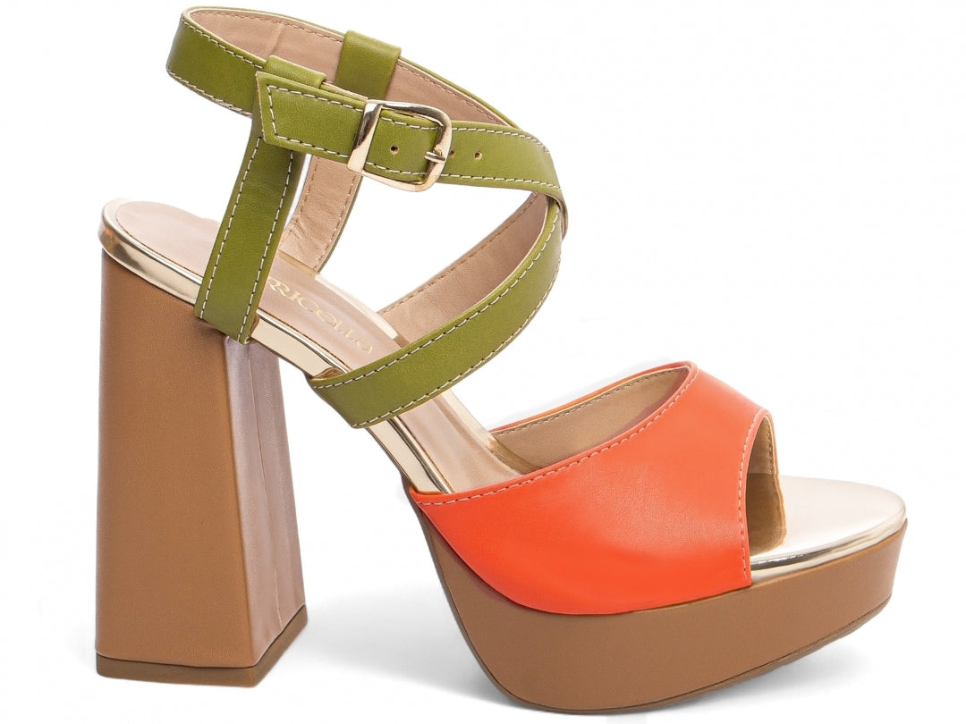 Sandália Feminina Verão Salto 11cm Napa Laranja e Verde