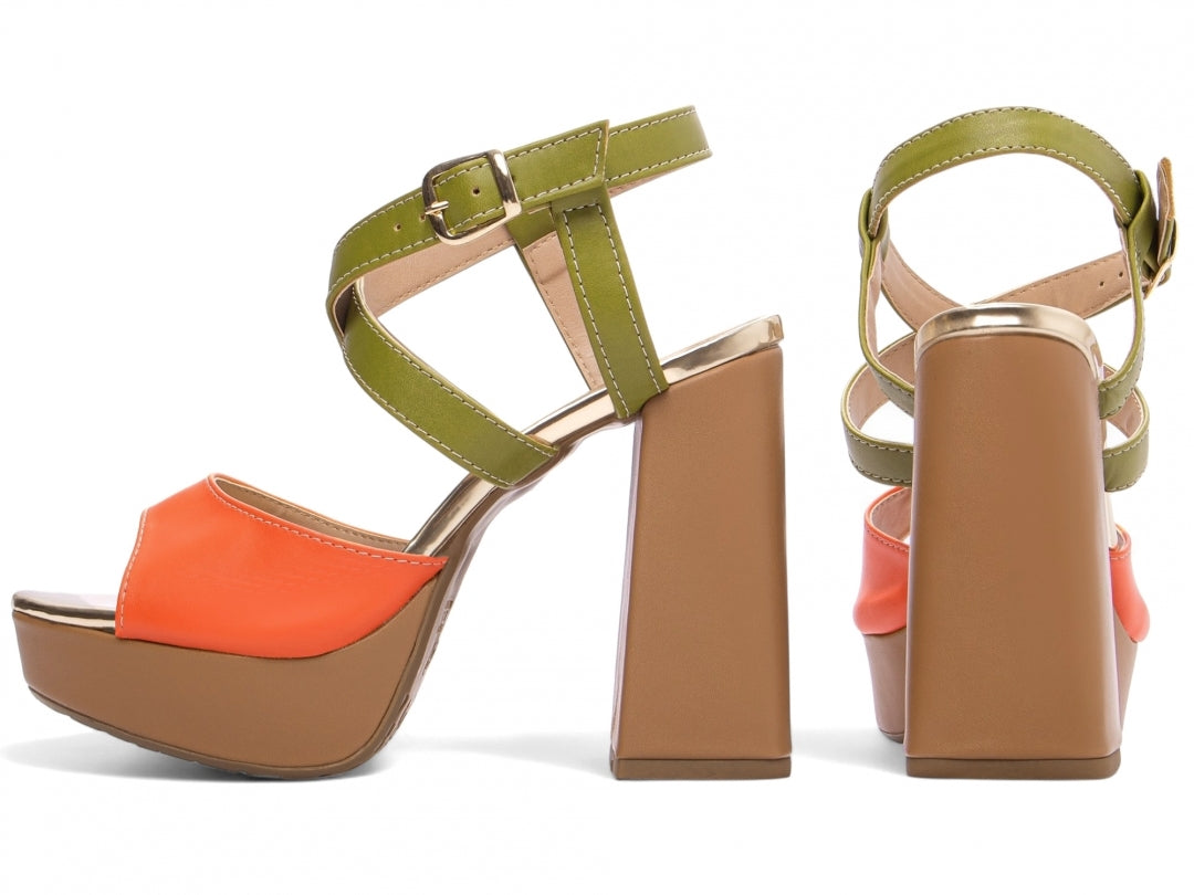 Sandália Feminina Verão Salto 11cm Napa Laranja e Verde