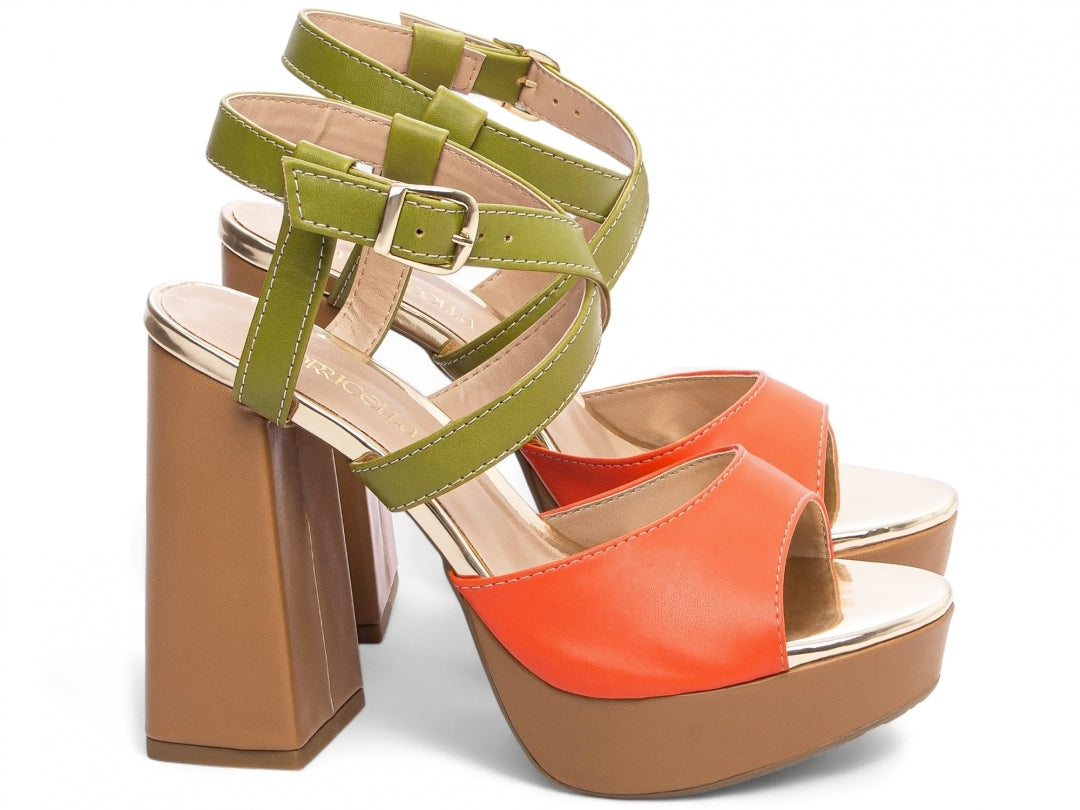 Sandália Feminina Verão Salto 11cm Napa Laranja e Verde