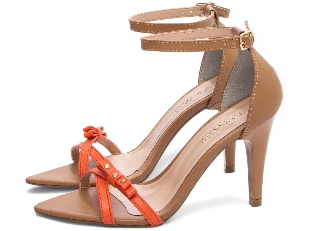 Sandália Feminina Salto Fino em Tiras Laranja e Bege