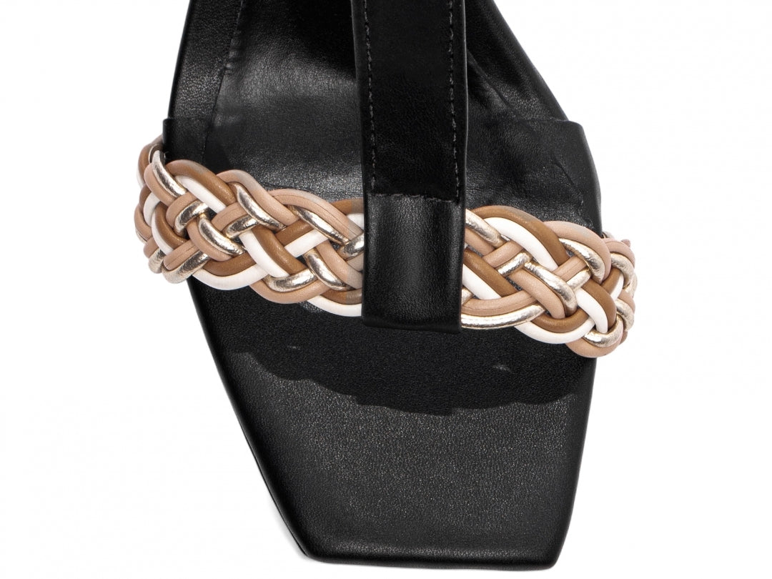 Sandália Feminina Salto Grosso Napa com Trança Multicolorida