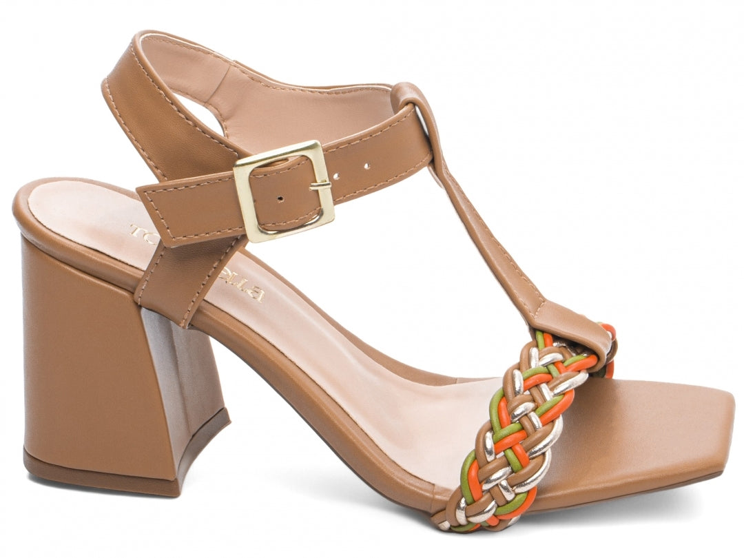 Sandália Feminina Salto Grosso Napa com Trança Multicolorida