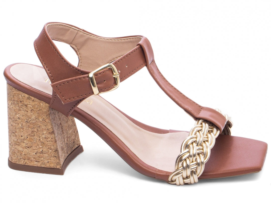 Sandália Feminina Salto Grosso Napa com Trança Multicolorida