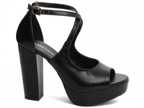 Sandália Feminina Salto Napa Caramelo com fivela dourada