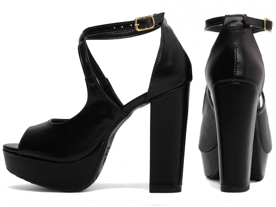 Sandália Feminina Salto Napa Preta com fivela dourada