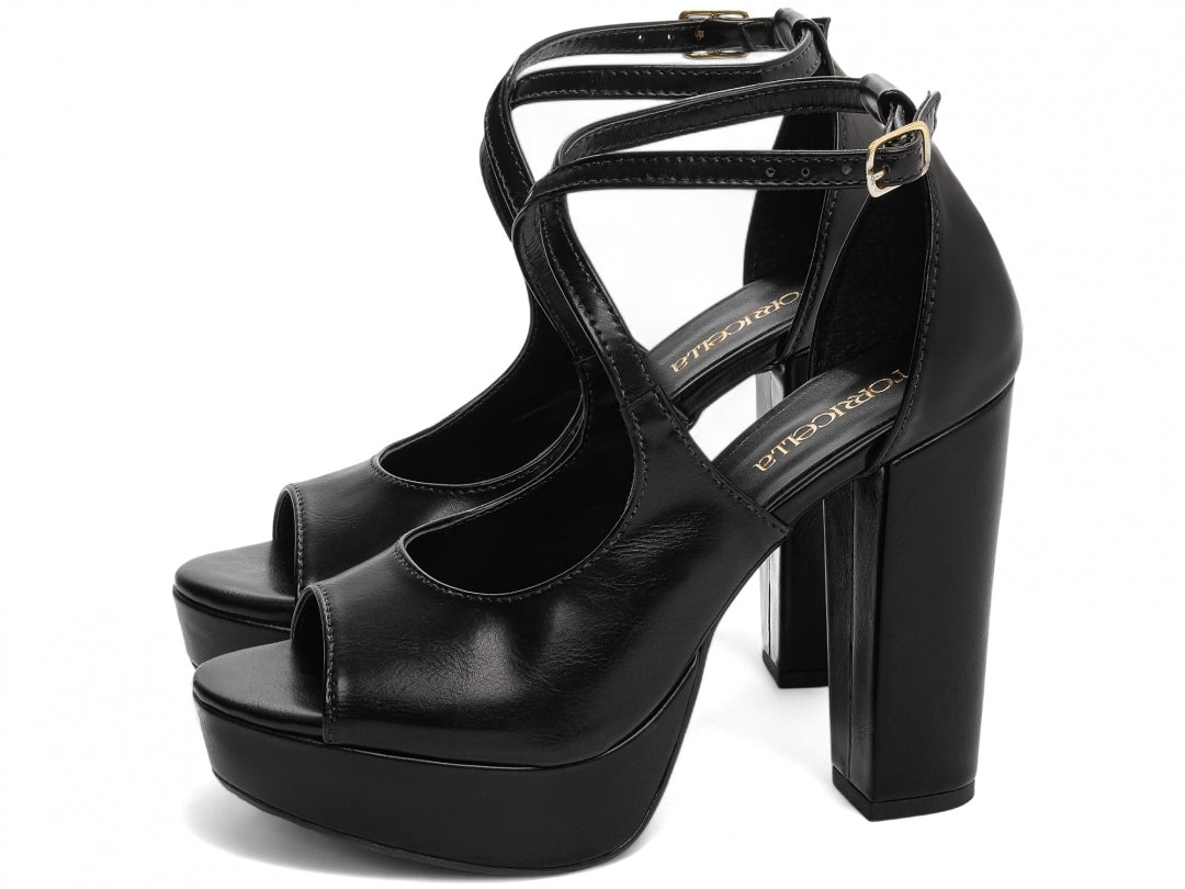 Sandália Feminina Salto Napa Preta com fivela dourada