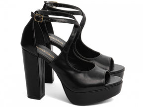 Sandália Feminina Salto Napa Preta com fivela dourada