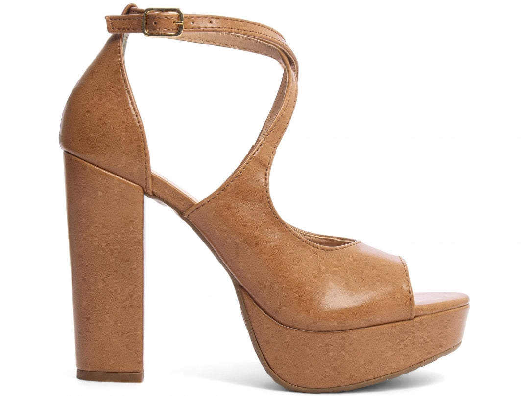 Sandália Feminina Salto Napa Caramelo com fivela dourada