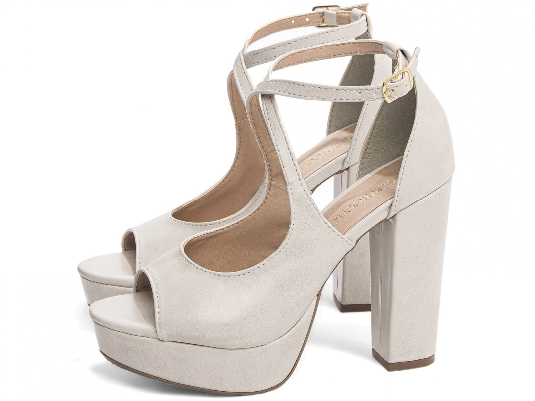 Sandália feminina salto napa off white com fivela dourada