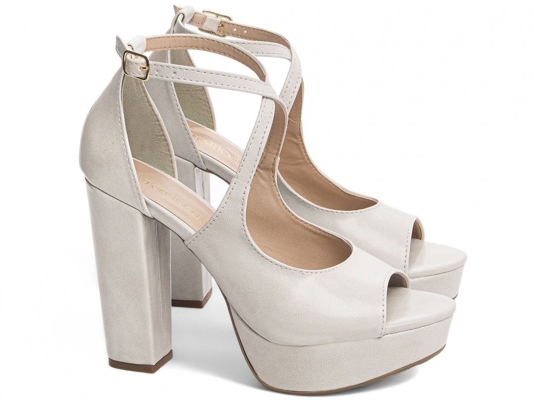 Sandália feminina salto napa off white com fivela dourada
