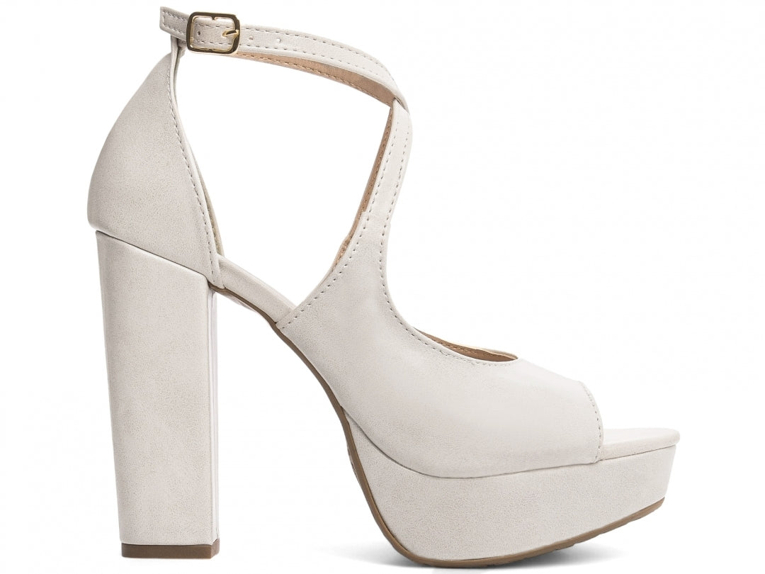 Sandália feminina salto napa off white com fivela dourada