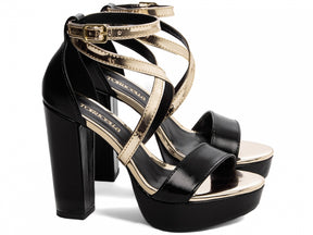 Sandália Feminina Croco Metalizado Preta com Salto Bloco 11cm