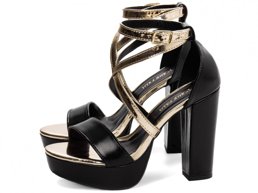 Sandália Feminina Croco Metalizado Preta com Salto Bloco 11cm