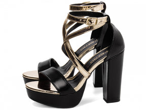 Sandália Feminina Croco Metalizado Preta com Salto Bloco 11cm