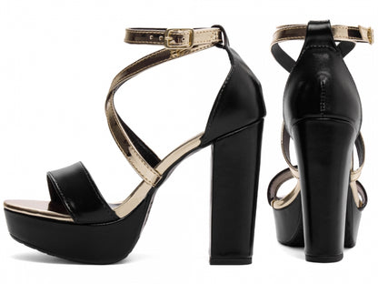 Sandália Feminina Croco Metalizado Preta com Salto Bloco 11cm