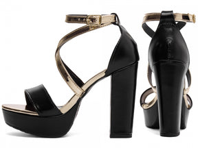 Sandália Feminina Croco Metalizado Preta com Salto Bloco 11cm