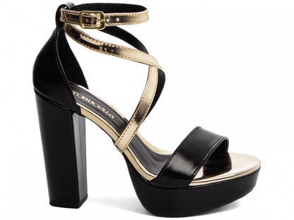 Sandália Feminina Croco Metalizado Preta com Salto Bloco 11cm