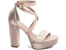 Sandália Feminina Croco Metalizado Rosa com Salto Bloco 11cm