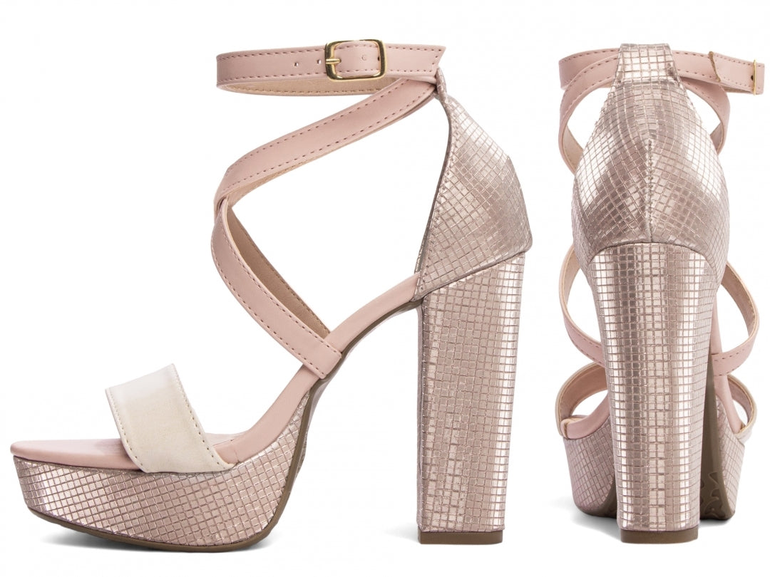 Sandália Feminina Croco Metalizado Rosa com Salto Bloco 11cm