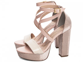 Sandália Feminina Croco Metalizado Rosa com Salto Bloco 11cm