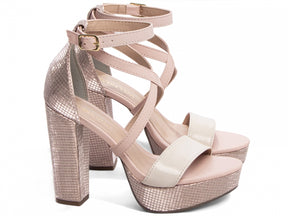 Sandália Feminina Croco Metalizado Rosa com Salto Bloco 11cm