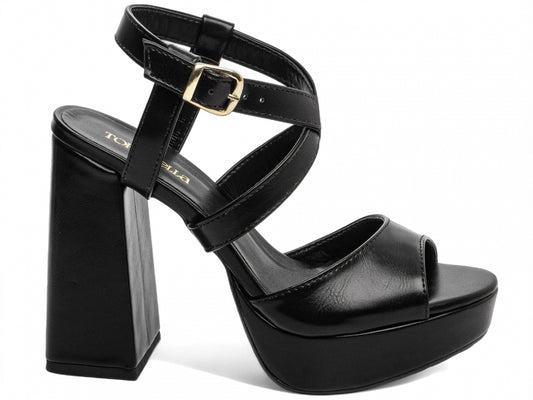 Sandália Feminina Salto Bloco 11cm Napa Preta