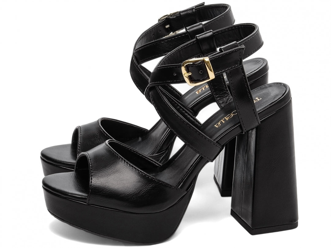 Sandália Feminina Salto Bloco 11cm Napa Preta