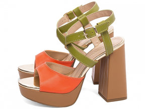Sandália Feminina Verão Salto 11cm Napa Laranja e Verde