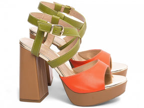 Sandália Feminina Verão Salto 11cm Napa Laranja e Verde