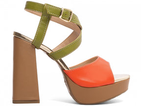 Sandália Feminina Verão Salto 11cm Napa Laranja e Verde
