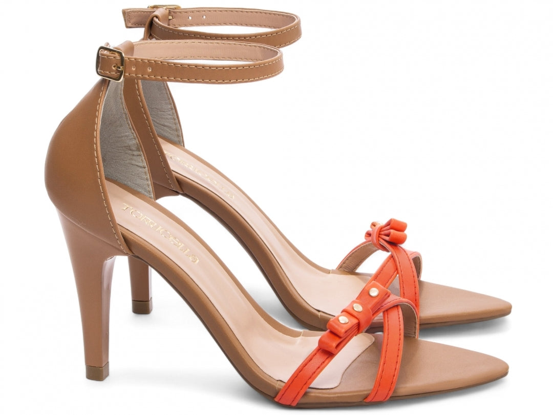 Sandália Feminina Salto Fino em Tiras Laranja e Bege