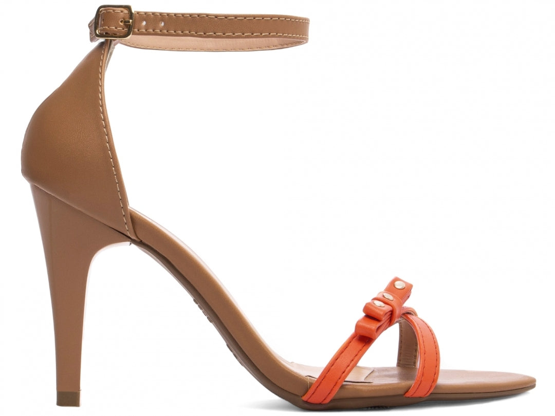 Sandália Feminina Salto Fino em Tiras Laranja e Bege
