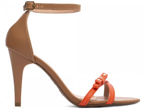 Sandália Feminina Salto Fino em Tiras Laranja e Bege