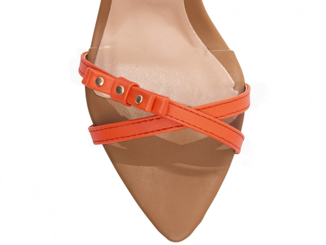 Sandália Feminina Salto Fino em Tiras Laranja e Bege