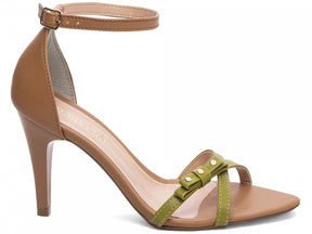 Sandália Feminina Salto Fino em Tiras Laranja e Bege