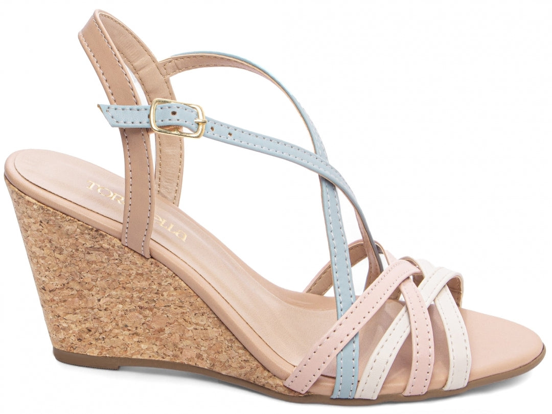 Sandália Anabela Feminina Cortiça 7cm Multicolor Pastel