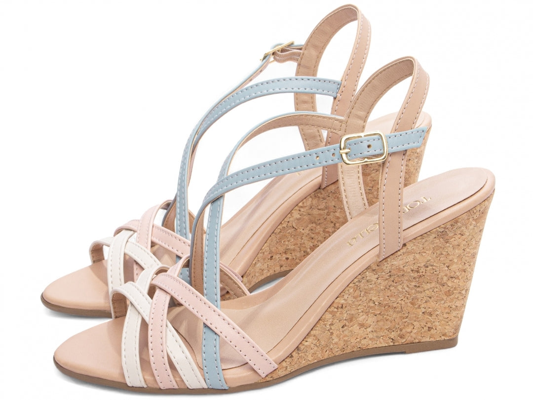 Sandália Anabela Feminina Cortiça 7cm Multicolor Pastel