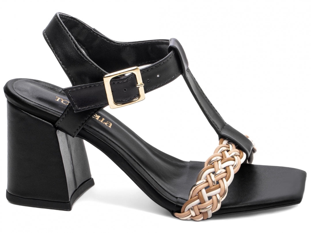 Sandália Feminina Salto Grosso Napa com Trança Multicolorida