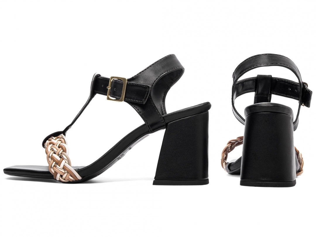 Sandália Feminina Salto Grosso Napa com Trança Multicolorida