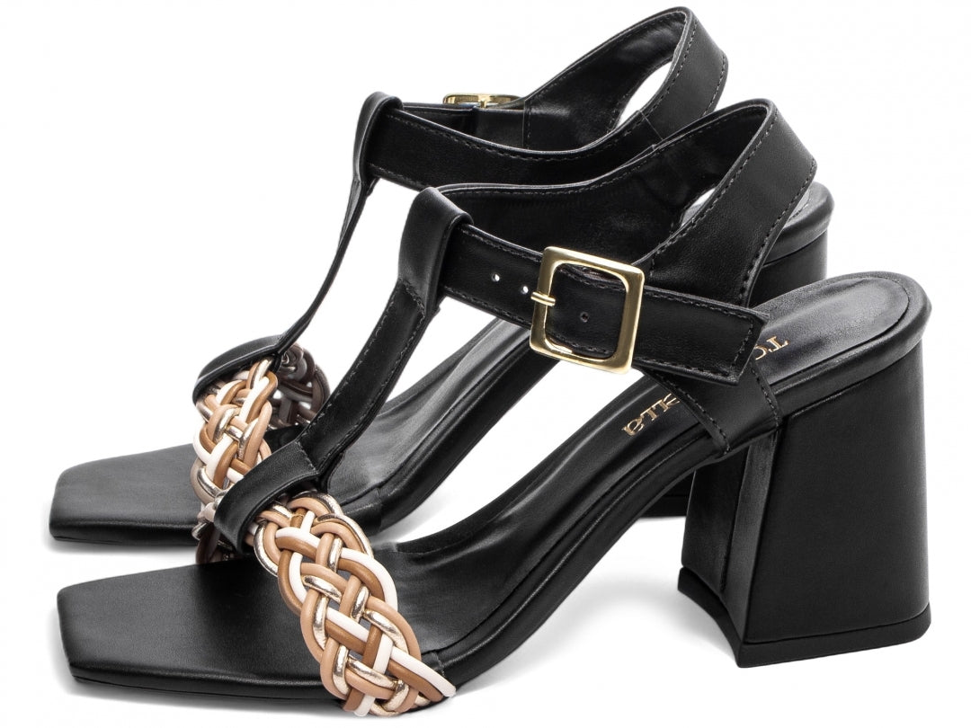 Sandália Feminina Salto Grosso Napa com Trança Multicolorida