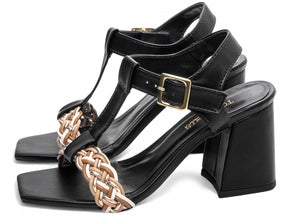 Sandália Feminina Salto Grosso Napa com Trança Multicolorida