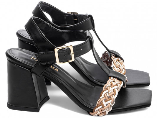 Sandália Feminina Salto Grosso Napa com Trança Multicolorida