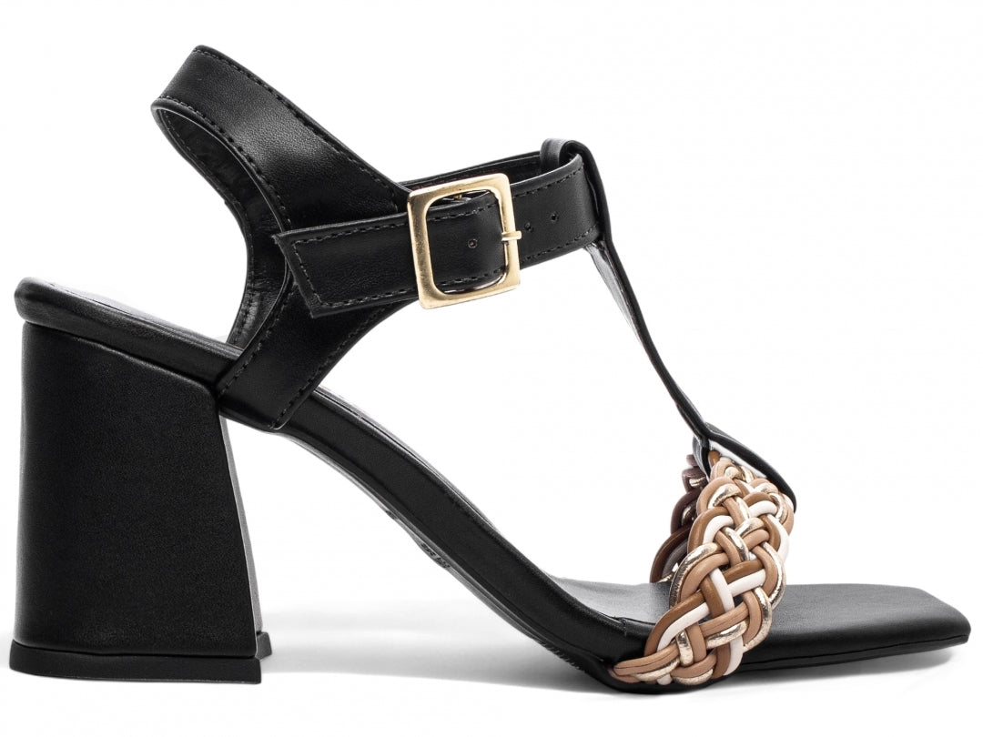 Sandália Feminina Salto Grosso Napa com Trança Multicolorida