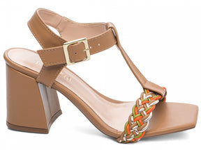 Sandália Feminina Salto Grosso Napa com Trança Multicolorida