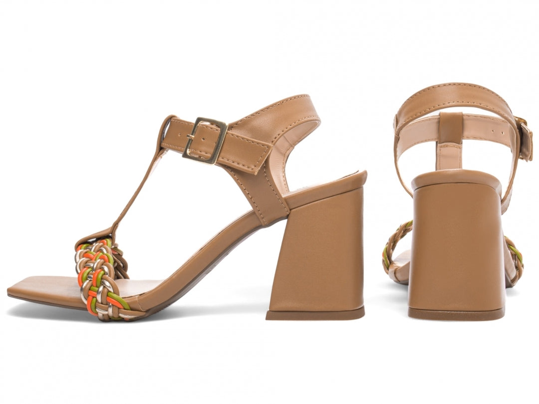 Sandália Feminina Salto Grosso Napa com Trança Multicolorida